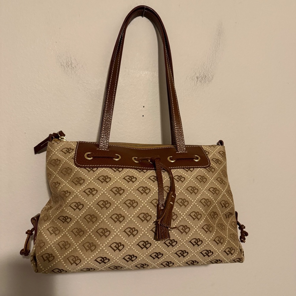 Vintage Dooney & Bourke Signature Jacquard Tassel Tote Brown Leather Zip Top